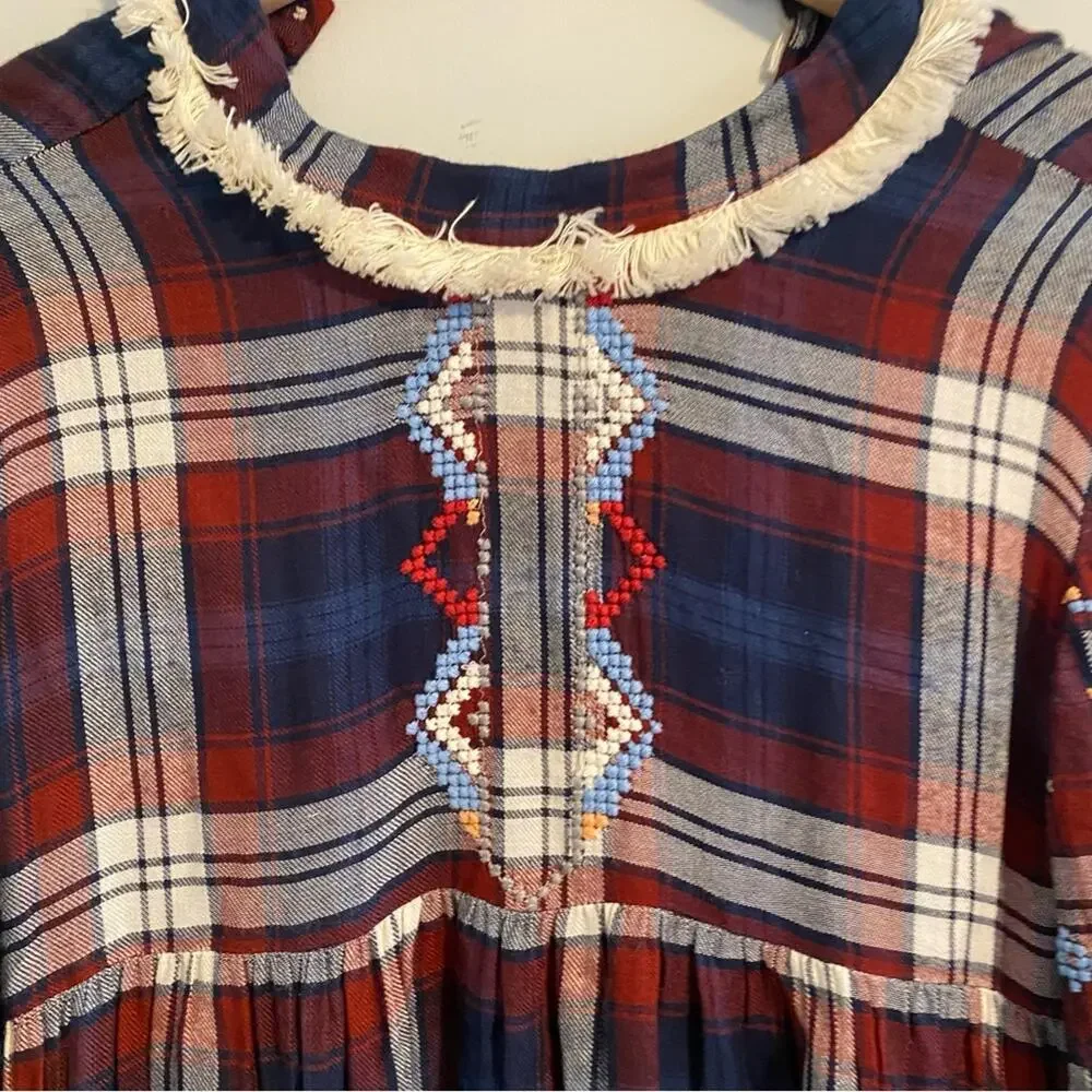 Hemant & Nandita Blue Red Floral Plaid Mini Dress XS